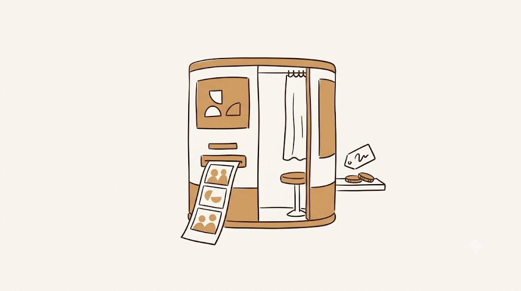 Hand-drawn illustration of a photobooth printing a photo strip, with a price tag and coins beside it